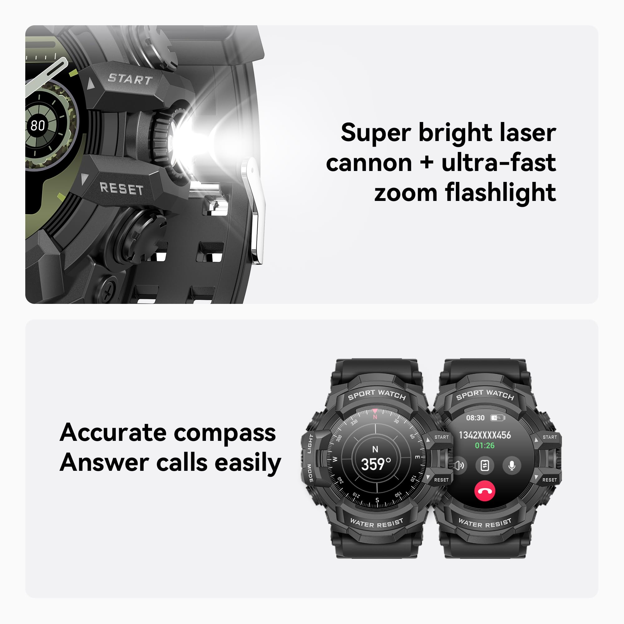 Middow Military Smart Watch With Flashlight (Answer/Make Call) Compass, Heart Rate/Sleep/Sports Tracker, Ip68 Waterproof, Long B